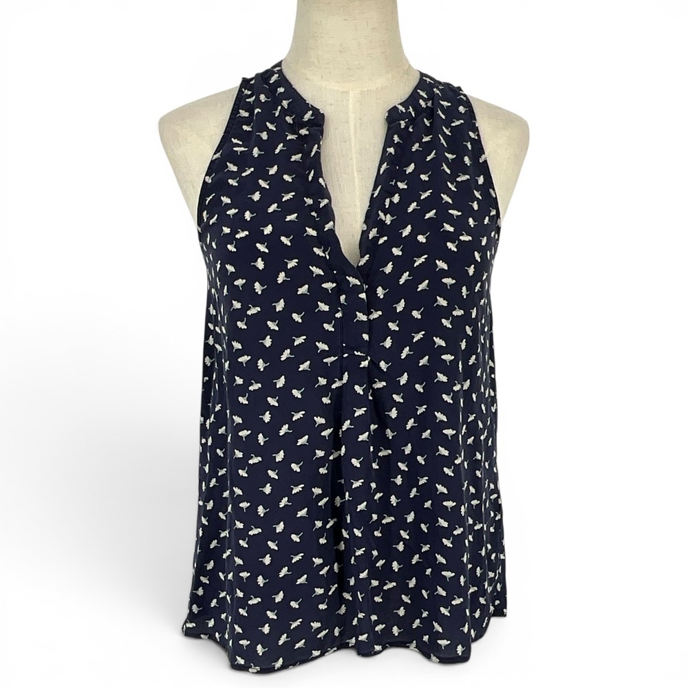 Joie‎ Navy Blue 100% Silk Floral Ginkgo Leaf Sleeveless V-Neck Blouse XS